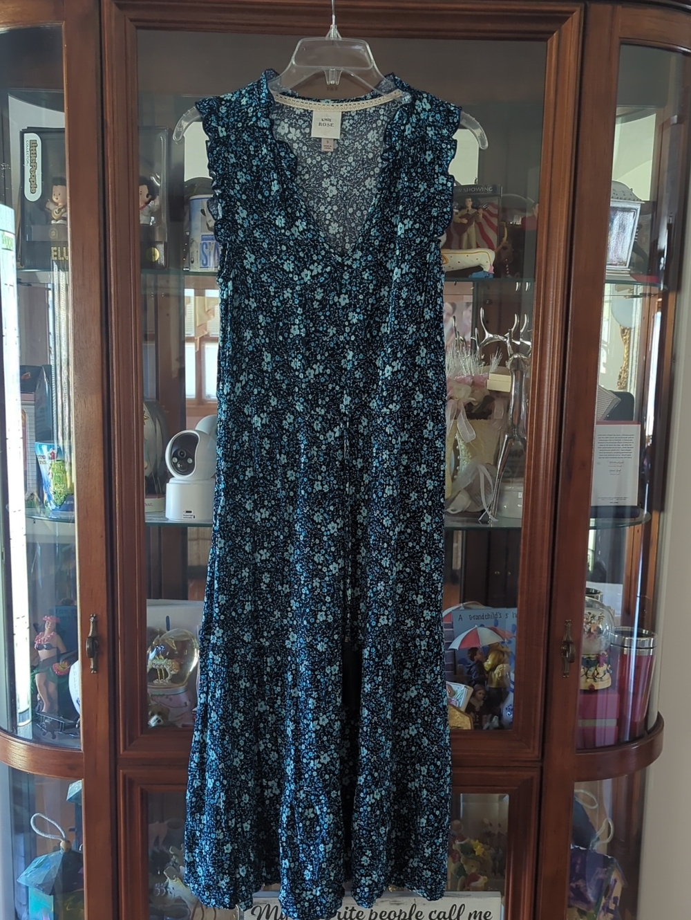 Knox Rose Black and Blue Floral Ruffle Maxi Dress